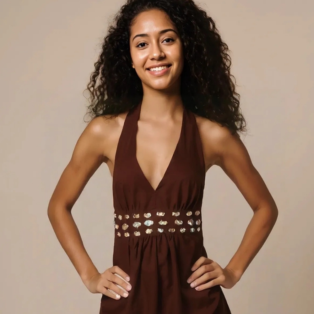 Nwt Embellished Womens Halter Top Brown and Silver Size Small Rayon